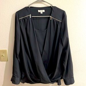 Calvin Klein charcoal wrap top with silver zippers and buttons L